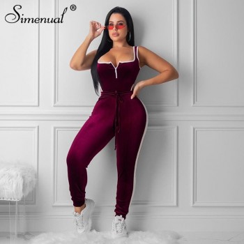 Simenual Velvet Sexy V Neck Women Matching Set Fashion 2019 Sleeveless Athleisure Two Piece Outfits Hot Bodysuit And Pants Sets